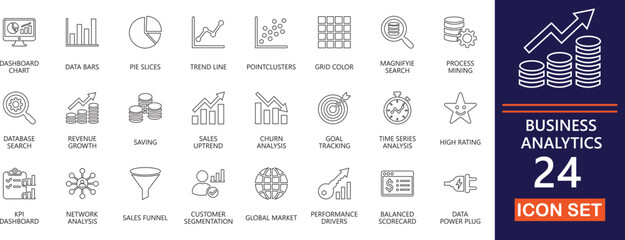 Naklejka premium Editable line icon set for business analytics , performance, report, optimization, financial , dashboard , and strategic decision making tools.