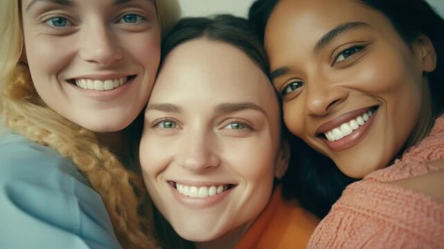 A group of three women posing for a selfie with smiles on their faces.