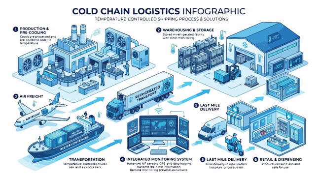 Isometric cold chain logistics infographic illustrating the temperature controlled shipping process from production and warehousing to transportation monitoring and retail delivery