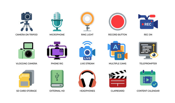 Video production and vlogging icons arranged on white background