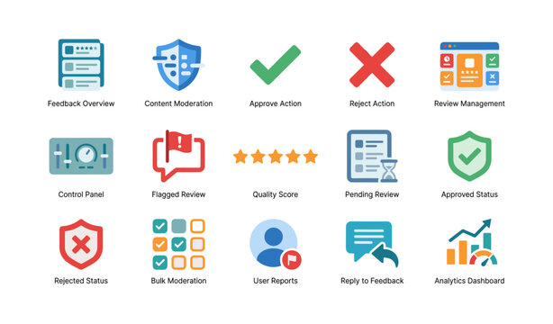 Feedback moderation and review icons displayed on white background