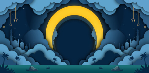 Ramadan Kareem and Eid Mubarak greeting card with 3D paper cut moon, mosque silhouettes, and clouds in night sky. Islamic festival background in paper art style. © VECTOR DREAMER