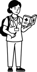 Naklejka premium Woman medical student intern doctor holding textbook and pen with stethoscope and backpack, healthcare personnel training vector illustration
