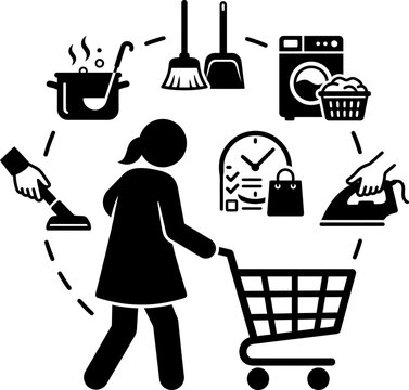 Woman pushing shopping cart surrounded by home chores and tasks in a circular motion. Concept of multitasking housewife or domestic work. Vector illustration for icon or symbol