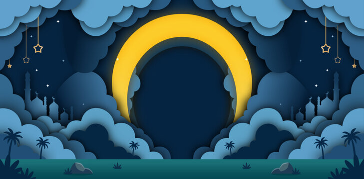 Ramadan Kareem and Eid Mubarak greeting card with 3D paper cut moon, mosque silhouettes, and clouds in night sky. Islamic festival background in paper art style.