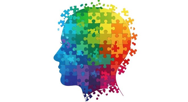 Conceptual human head silhouette made of colorful puzzle pieces, mental health and psychology concept, brain function and cognitive logic isolated PNG with Transparent Background