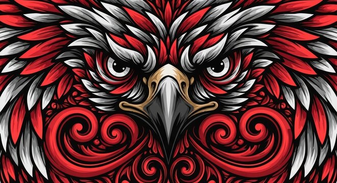 Stylized eagle face illustration with red and white feathers