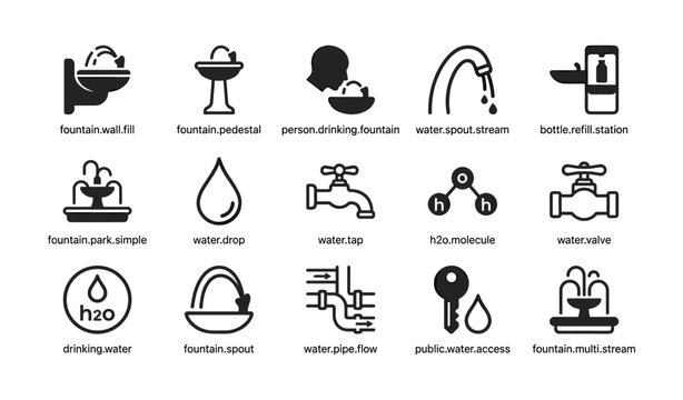 Water fountain and tap icons showing public access on white