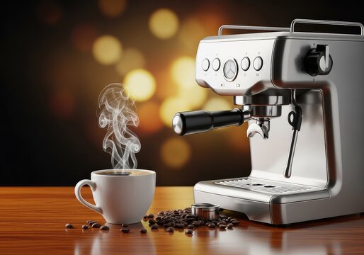 A steaming ceramic cup of coffee sits next to a modern espresso machine with scattered roasted beans and soft golden bokeh background light, aromatic, cafe, drinkware
