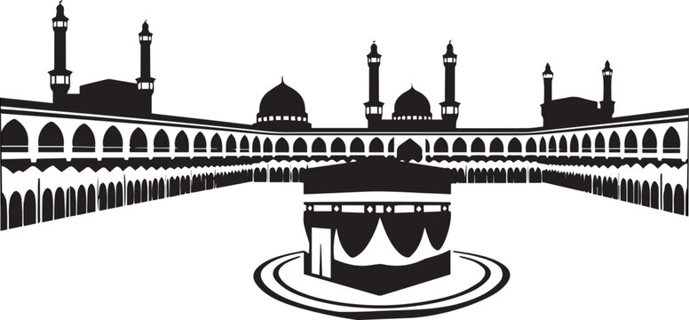 Kaaba and Pilgrimage Silhouettes Set &mdash; Tawaf, Prayer, Mosque, Hajj, Umrah Vector Illustration