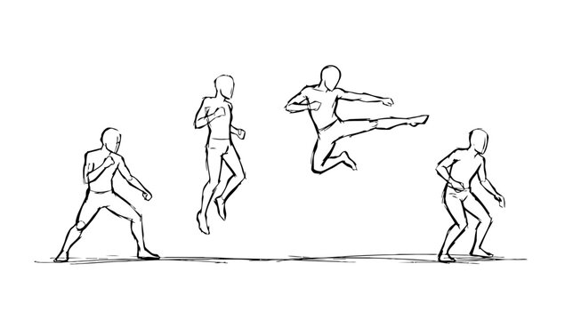 Male Gymnast Acrobat Sequence Displaying Dynamic Cartwheel and Back Handspring Motion in Minimalist Doodle Line Art