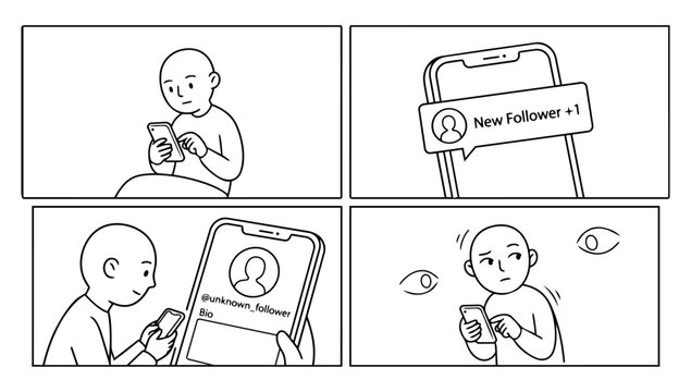 Social Media Notification Comic Sequence Displaying Suspicious New Follower Alert Concept in Minimalist Doodle Line Art