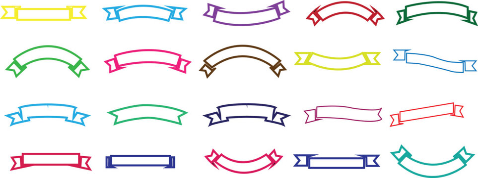 Ribbon banner icon set collection group with curved badge labels in flat and line style, colorful and black ribbons bundle, vintage scroll, tag, emblem, decorative vector illustration pack