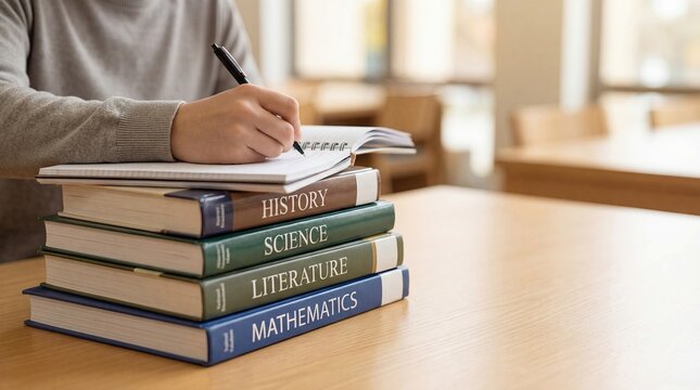 Student writing notes in notebook over stack of textbooks including history, science, literature and mathematics, education and learning concept in library or classroom setting.