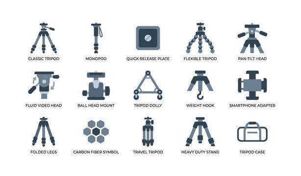 Tripod icons showing heads mounts and accessories for photo gear