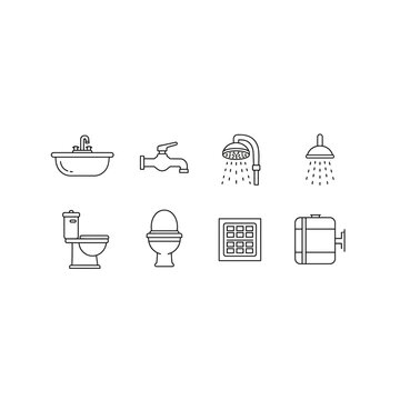 Bathroom plumbing fixtures and equipment icon set