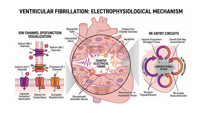Ventricular Fibrillation: Electrophysiological Mechanism - Ion Channel Dysfunction, Chaotic Electrical Firing, and Re-Entry Circuits Medical Visualization