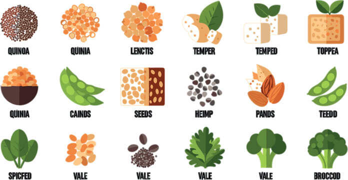 Plant Based Protein Food Vector Set with Quinoa Lentils Tempeh Tofu Seeds Beans and Vegetables for Vegan Nutrition Design