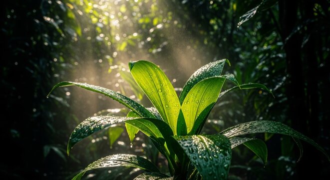 Sunlight Piercing Through Damp Leaves in Forest
