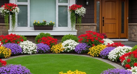 Fototapeta premium Vibrant summer flowers in a front yard garden landscape