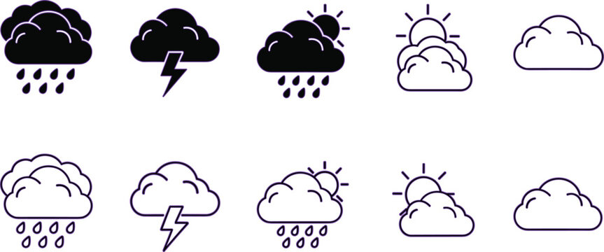 Weather Icons Set for Cloudy, Rainy, and Stormy Conditions with Thunder and Sun IllustrationsWeather Icons Set for Cloudy, Rainy, and Stormy Conditions with Thunder and Sun Illustrations