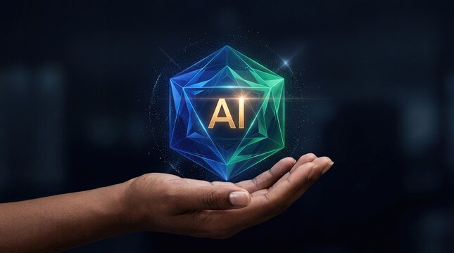 Hand holding glowing blue and green crystal cube with AI text, dark background, artificial intelligence technology concept, digital innovation symbol, futuristic geometric shape,