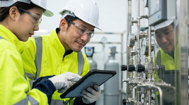 Asian technicians inspecting industrial piping with tablet in a clean factory. Maintenance specialists reviewing equipment diagnostics in a modern manufacturing plant.