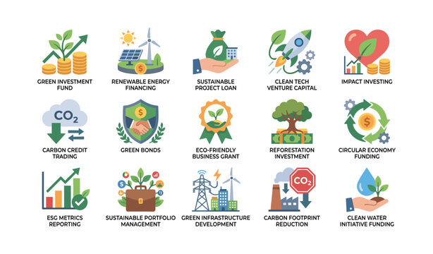Sustainable finance and investment icons on white background
