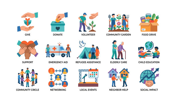 Community service icons showing charity activities on white background