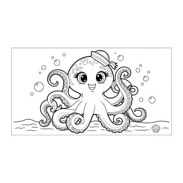 Adorable cartoon octopus wearing a sailor hat surrounded by bubbles line art dra