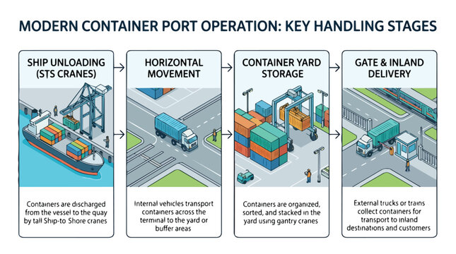 Modern container port operation infographic showing key handling stages including ship unloading with STS cranes horizontal movement yard storage and inland delivery by truck and train