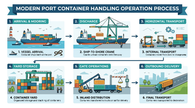 Infographic of modern port container handling operation process including vessel arrival discharge internal transport yard storage gate operations and final delivery steps