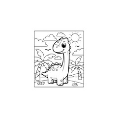 Cute long neck dinosaur in tropical landscape coloring page for kids © siri
