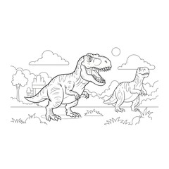 Two tyrannosaurus rex dinosaurs in prehistoric landscape coloring page © siri