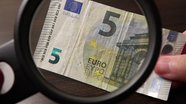 Examination of 5 Euro (EUR) cash money with magnfication glass, loupe. Concept of authenticity check, fight against counterfeiting of banknotes, anti fraud measures in European Union. Close up view.