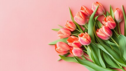 Fototapeta premium Elegant tulip bouquet in coral hues on a pastel pink backdrop creating a serene floral composition