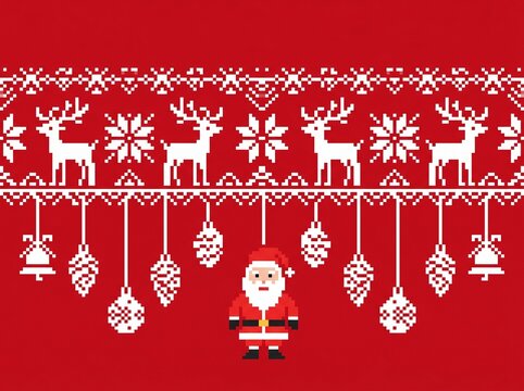 Decorative horizontal border with pixel-style Nordic deer and snowflake motifs in white on red background. Symmetrical folk pattern with hanging elements and festive winter character, ideal for textil