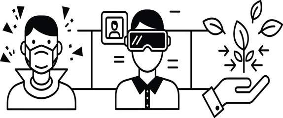 Fototapeta premium Line icons set showing stress anxiety virtual reality technology and eco friendly growth concepts minimal outline vector illustration collection