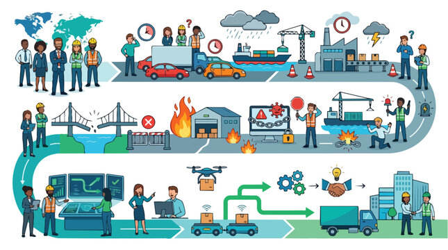 Supply chain management infographic showing logistics challenges like weather delays and broken bridges transitioning to modern solutions with automation drones and smart technology