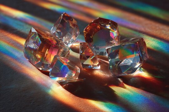Iridescent crystal jewels glowing with rainbow light