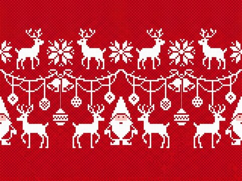 Decorative horizontal border with pixel-style Nordic deer and snowflake motifs in white on red background. Symmetrical folk pattern with hanging elements and festive winter character, ideal for textil