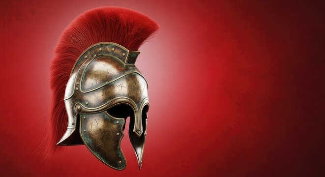 An ancient bronze helmet with a crimson crest sits against a deep red textured background, reflecting themes of strength and old battle, antiquity, combat, brave