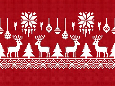 Decorative horizontal border with pixel-style Nordic deer and snowflake motifs in white on red background. Symmetrical folk pattern with hanging elements and festive winter character, ideal for textil