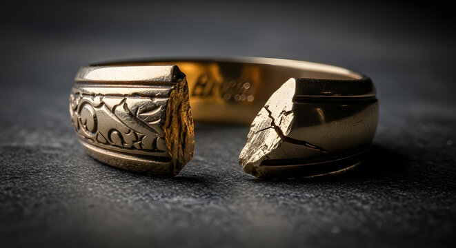 A broken gold ring with an engraved design on a dark surface, photographed in natural studio lighting. Generative AI