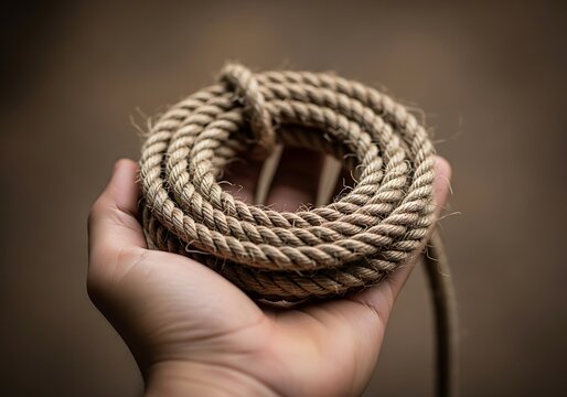 Person holding a coil of thick natural fiber rope in palm
