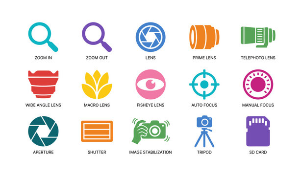 Photography equipment and capture feature icons on white background
