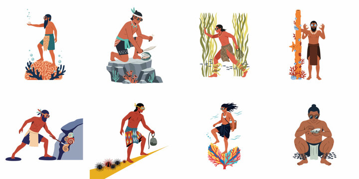 A set of illustrations showing indigenous sea nomads performing traditional tasks such as pearl diving, fishing, and collecting shells and marine life.