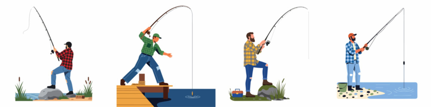 Set of vector illustrations of men in plaid shirts fishing with rods from various locations like rocks, piers, and riverbanks.