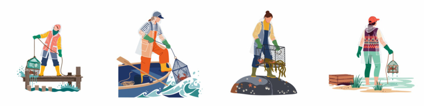Vector illustration set of women catching crabs using traps and nets from a pier, boat, rocks, and at the beach.