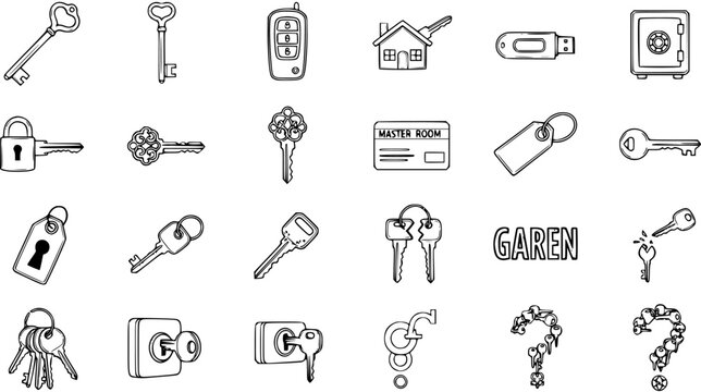 Hand-drawn doodle icons featuring a diverse collection of keys, locks, padlocks, car remotes, security devices, and related objects in a black and white sketch style.